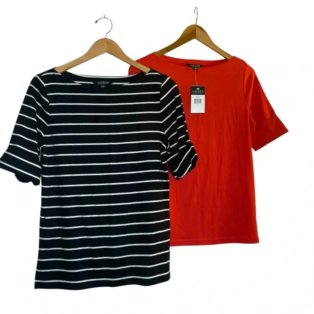 Lot Of 2 Lauren Ralph Lauren Boatneck Short Sleeved Tops Large Solid Stripe